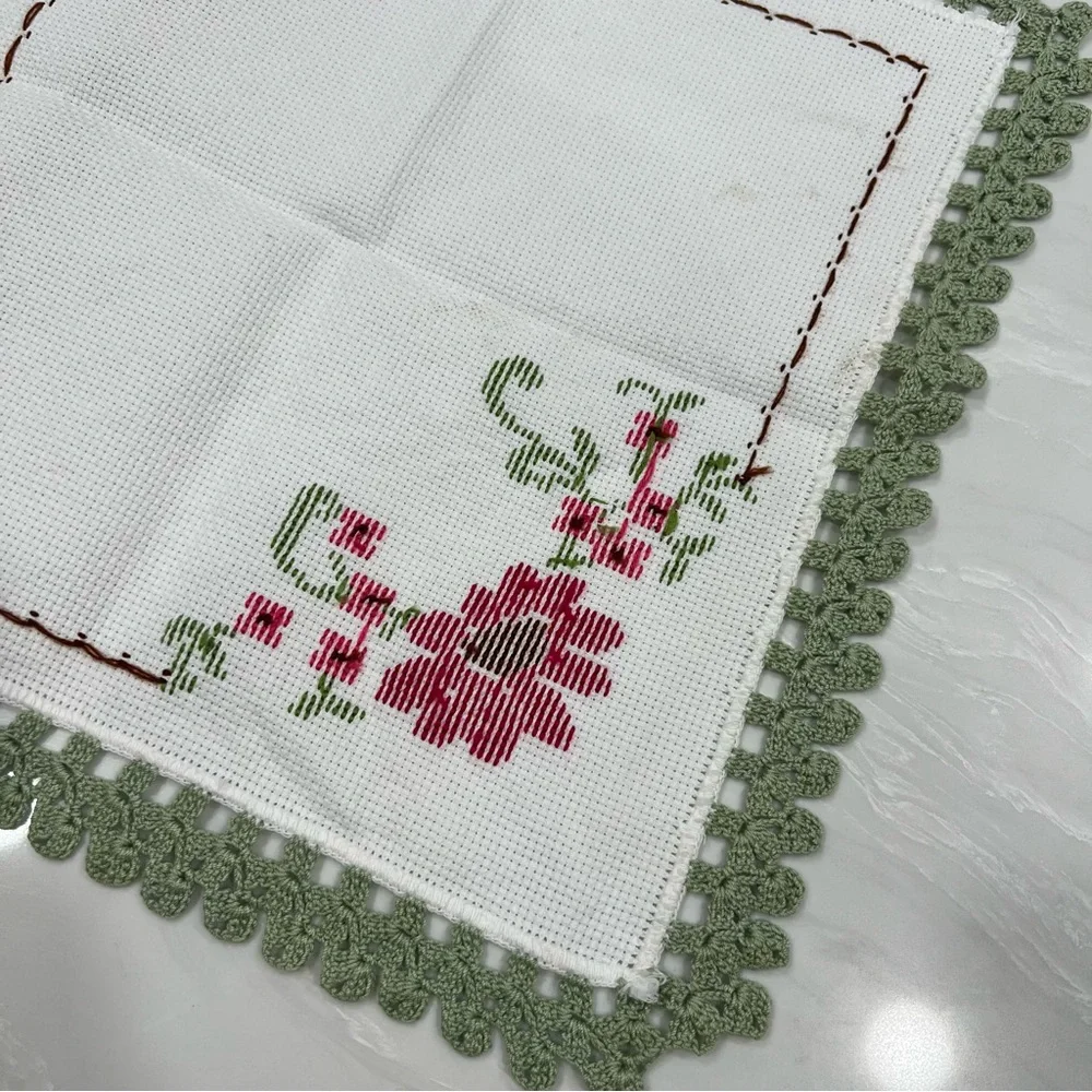 Hand made Floral Embroidered Green Crochet Edge Tablecloth Cottagecore